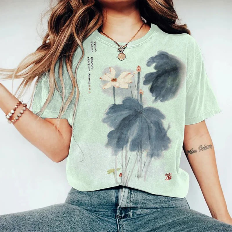 Women's Japanese Retro Orchid Ink Painting Art Print Round Neck T-shirt - Light Green - 8XL - image 4