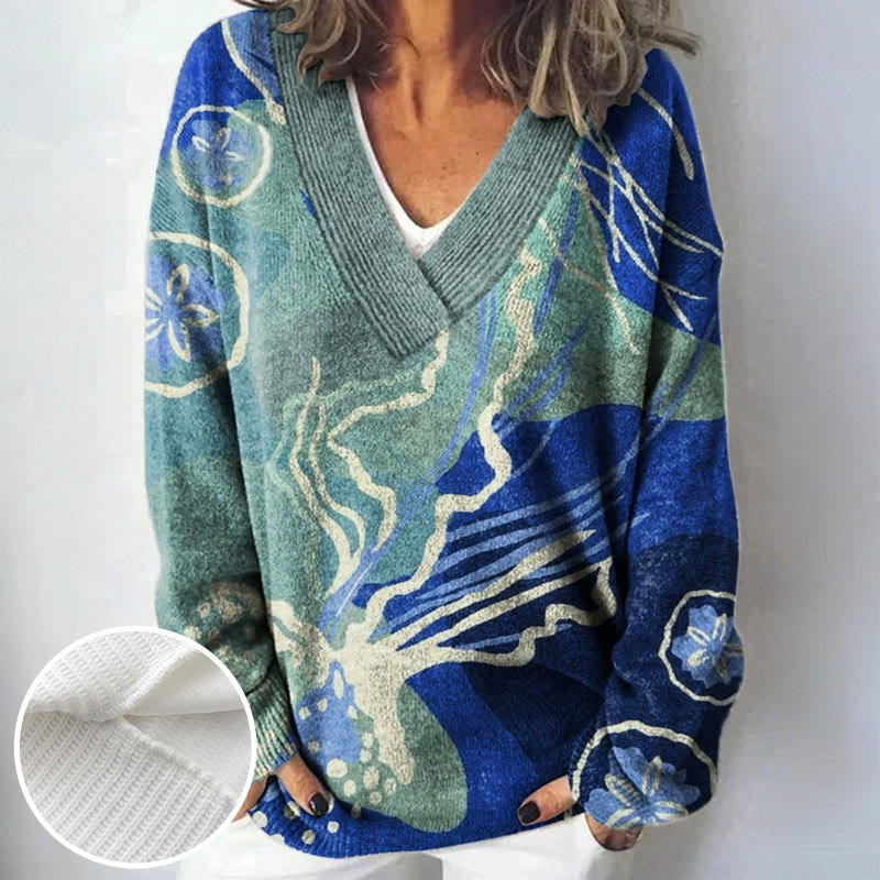 Women's Vintage Blue Ocean Jellyfish Art Print Causal V-neck Pullover Sweater - image 2