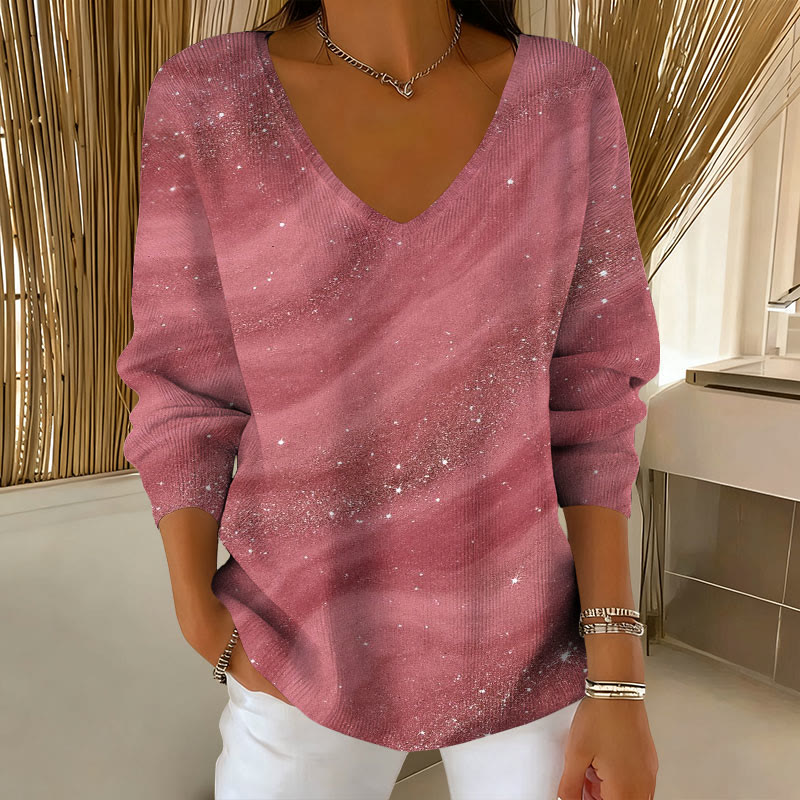 Sparkling Starry Sky Gradient Print V-neck long sleeved sweater - Pink - 5XL - image 3