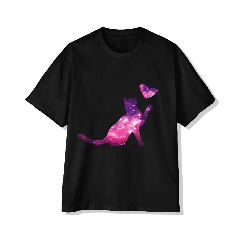 Unisex Ombre Colored Cat & Heart Print Short Sleeved Crew Neck T-shirt - Black - 2XL - image 3