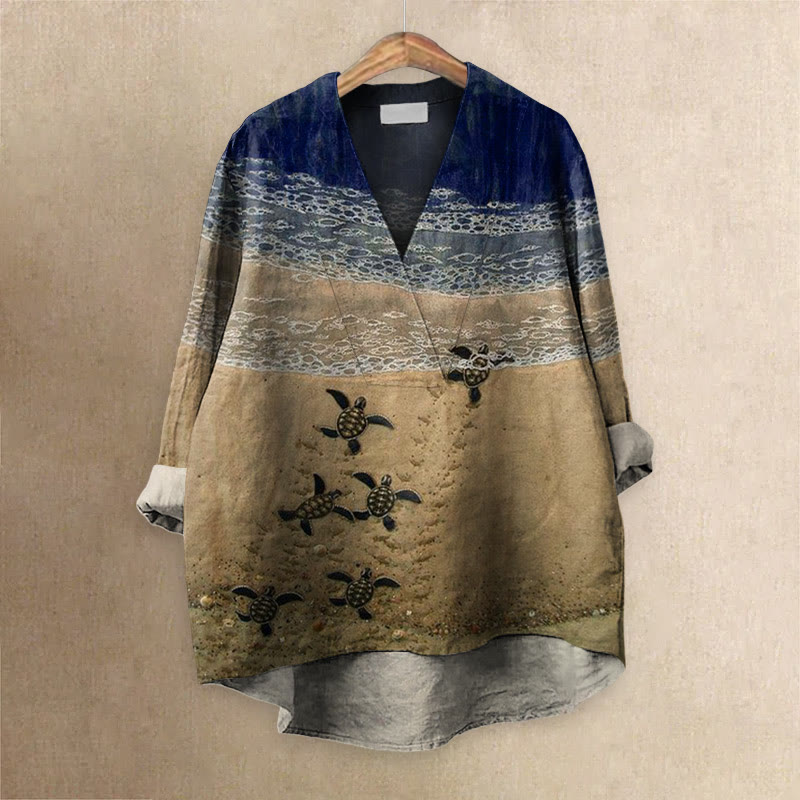 Baby Sea Turtles Beach Fiber Art Print Casual V-neck Blouse - Dark Blue - 6XL - image 4