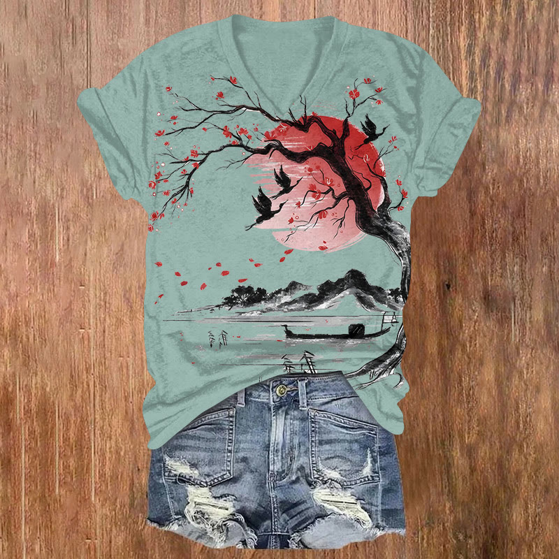 Japanese Inspired Cherry Blossom And Landscape Art T-shirt - Green - US32-34(5XL) - image 2