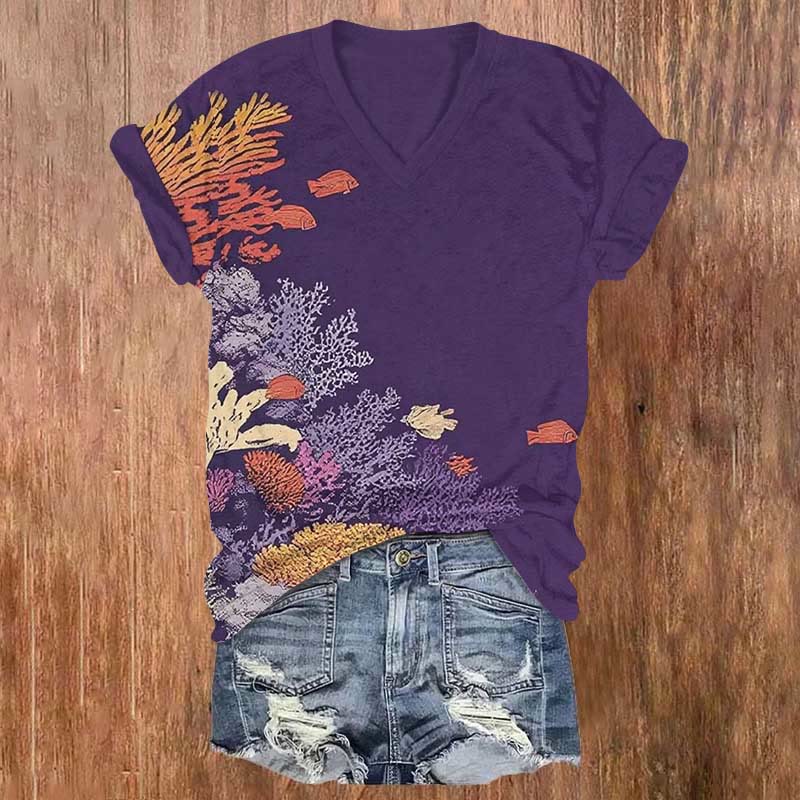 Vintage Marine Plants & Fish Art Print V-neck T-shirt - Purple - US32-34(5XL) - image 4