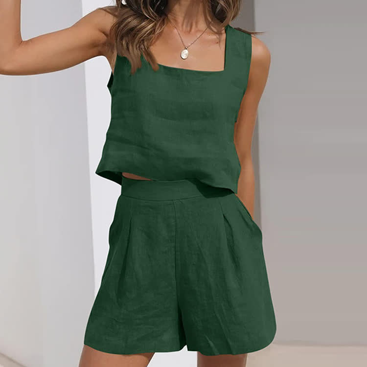 Cozy Solid Texture Square-neck Vest & A-line Short Set - Dark Green - 2XL - image 9