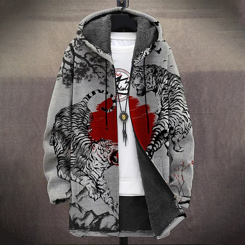 Ukiyo-e Ink Painting Tigers Print Unisex Plush Thick Long-sleeved Fleece Jacket Coat - image 2
