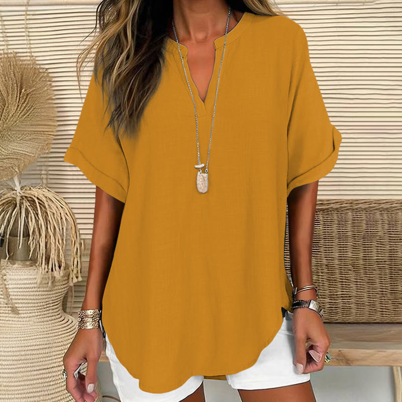 Women's  Solid Color Short Sleeve Casual Blouse - Yellow - 5XL - image 5