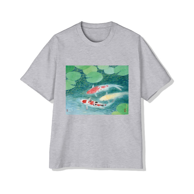 Unisex Pond Koi Print Short Sleeved Crew Neck T-shirt - Grey - 2XL - image 3