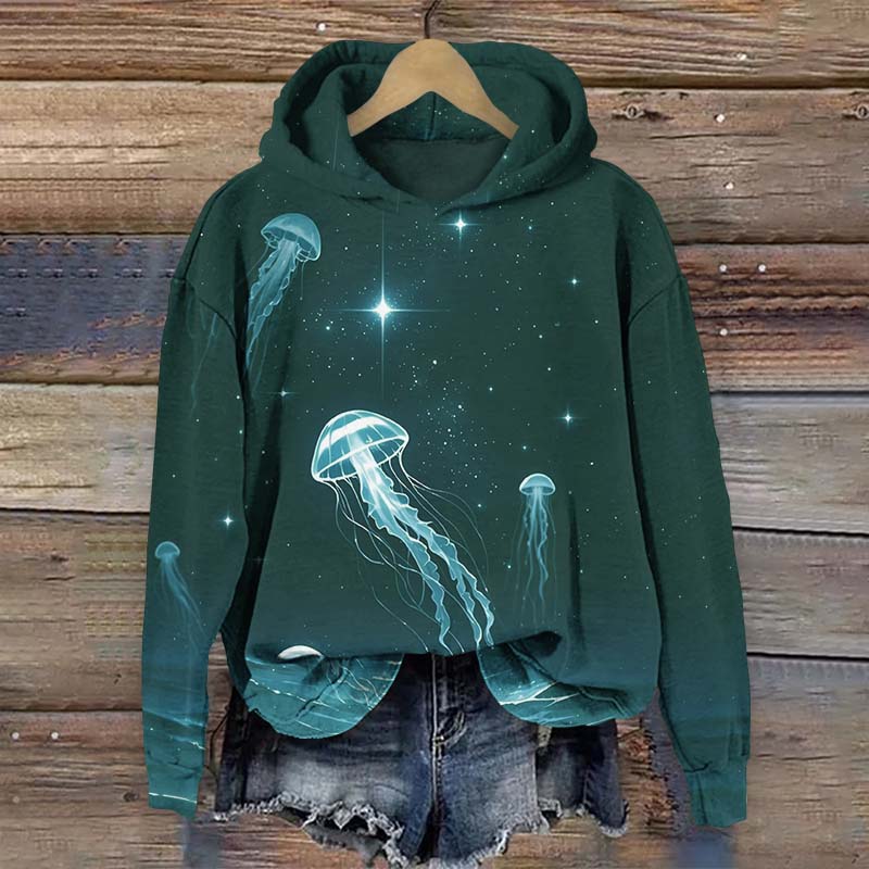 Vintage Starry Glowing Transparent Jellyfish Print Long Sleeve Hoodie - Green - US44-46(8XL) - image 3
