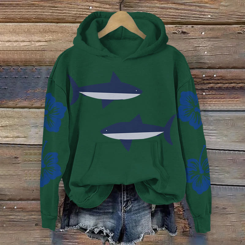 100% Cotton Shark And Dahlia Print Hoodie - Green - 2XL - image 6
