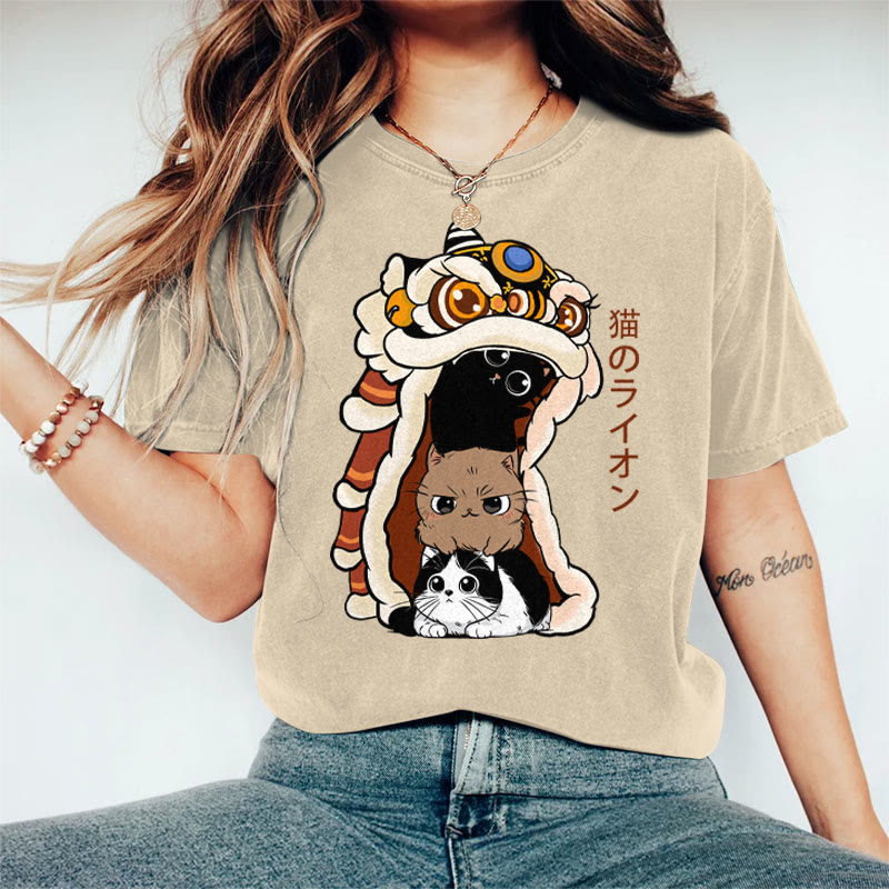 100% Cotton Women's Japanese Creative Lion Dance Cat Art Print Casual T-shirt - Khaki - 2XL - image 5