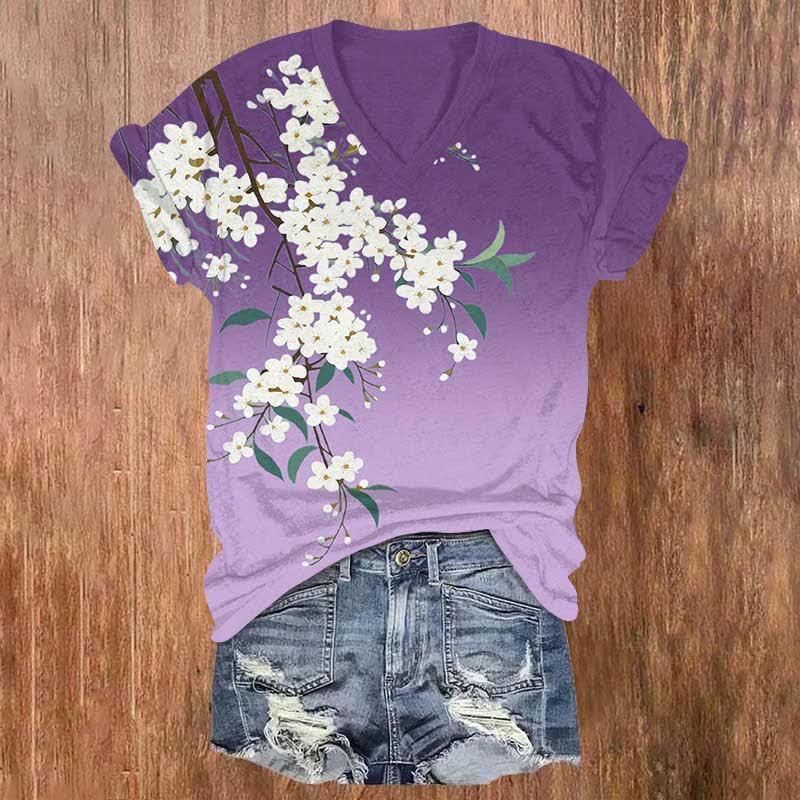 Japanese Art Floral Art Print V-neck T-shirt - Purple - US32-34(5XL) - image 4