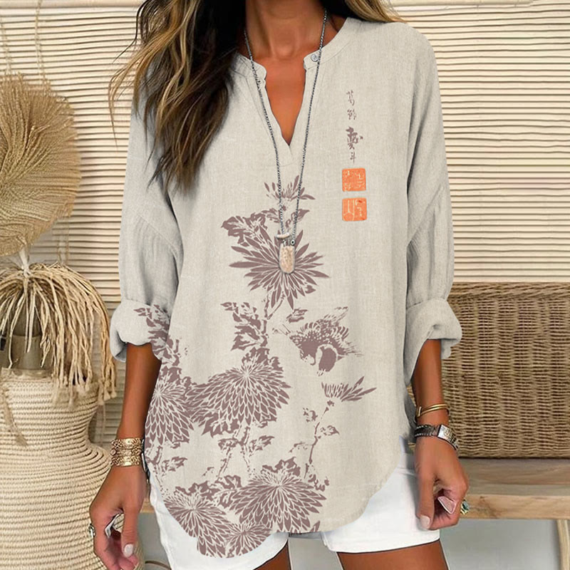 Vintage Chrysanthemum Printed V Neck Long Sleeve Blouse - Apricot - 8XL - image 5