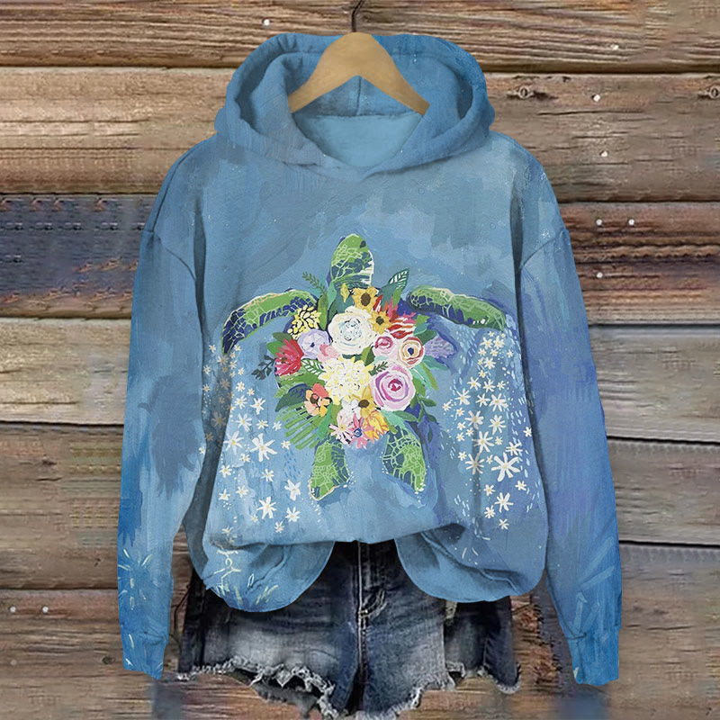  Ocean Turtle With Floral Print Long Sleeve Hoodie - Blue - US44-46(8XL) - image 2