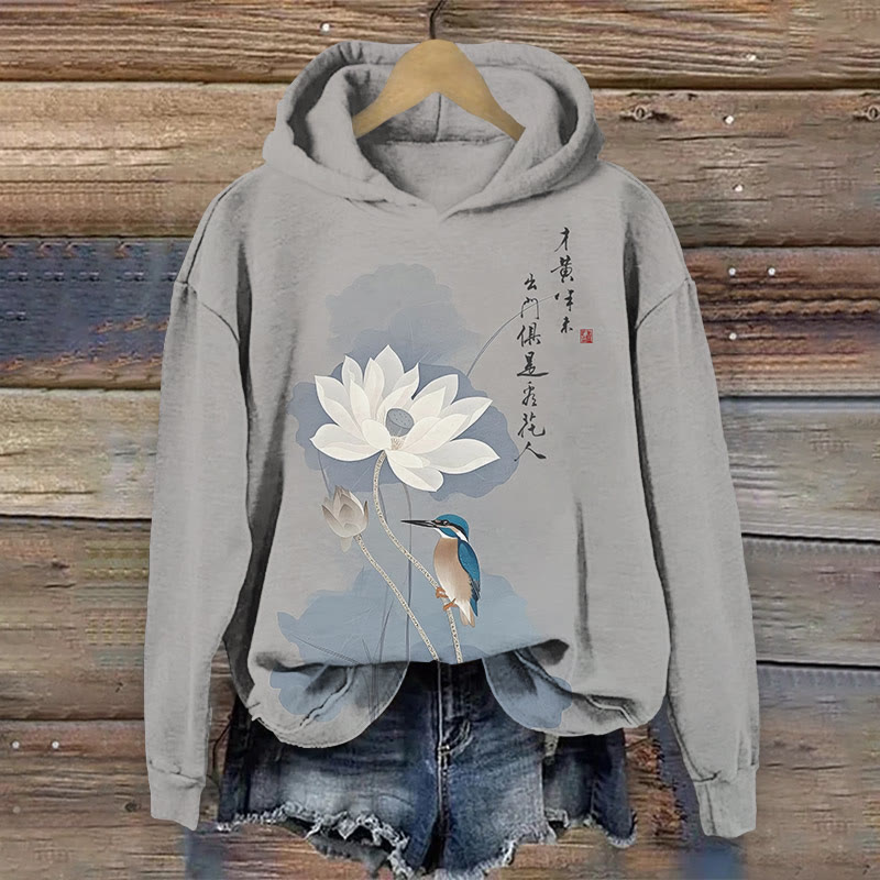 Vintage White Lotus Blossom & Bird Art Print Long Sleeve Hoodie - Grey - US44-46(8XL) - image 3
