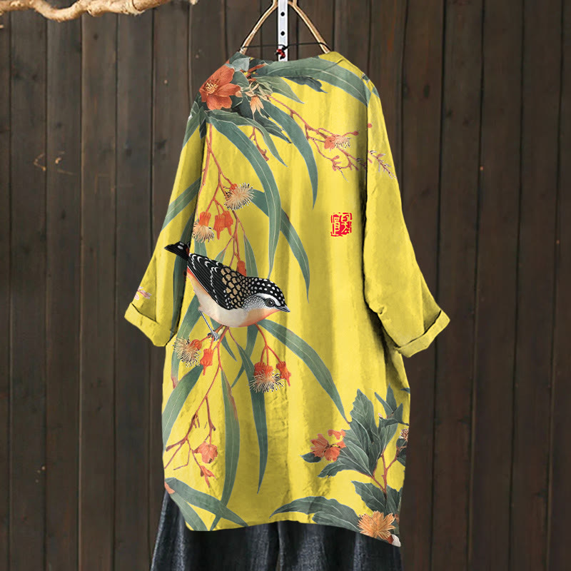 Japanese Vintage Little Bird Pattern Print Cardigan - Yellow - US 30-32 (6XL) - image 11