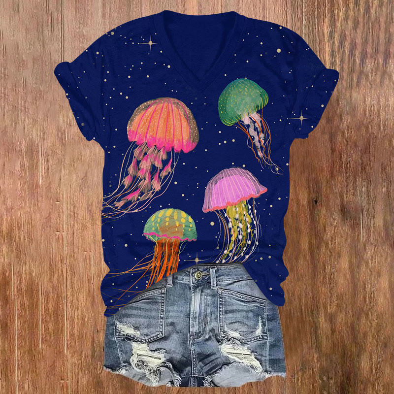 Starry Fantasy Colorful Jellyfish Art Print V-neck T-shirt - Navy Blue - US32-34(5XL) - image 2