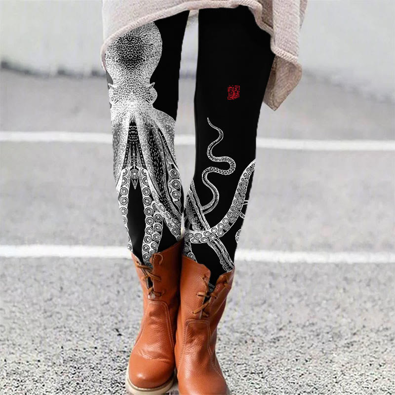 Japanese Art Octopus And Crab Print Leggings - Black - 5XL - image 4
