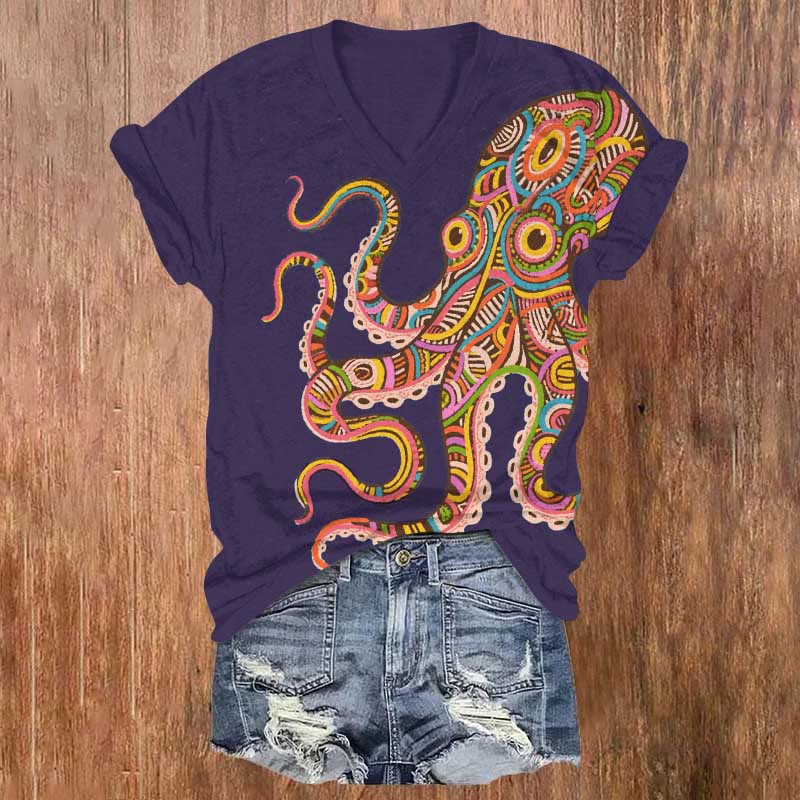 Rainbow Striped Octopus Art Print V-neck T-shirt - Purple - US32-34(5XL) - image 4