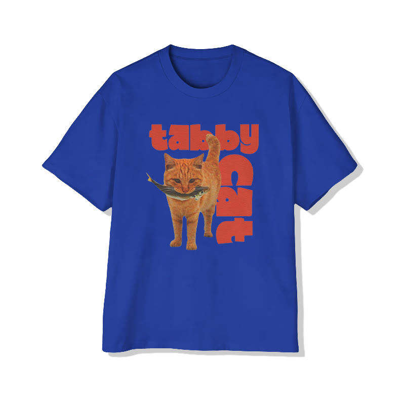 Funny Y2k Tabby Cat With Fish Print Pattern Cotton Print T-shirt - Royal Blue - US16-18(2XL) - image 6