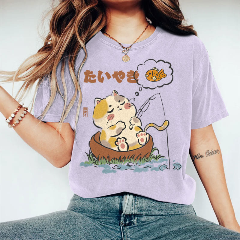 100% Cotton Women's Japanese Cat Fantasy Of Catching Fish Art Print Casual T-shirt - Purple - 2XL - image 5
