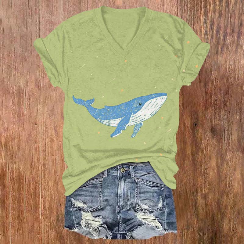 Japanese Lovely Whale In Starry Sky Art Print V-neck T-shirt - Green - US32-34(5XL) - image 5