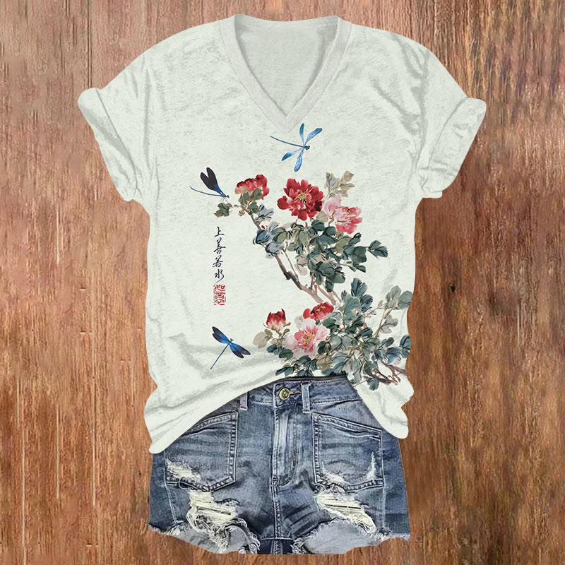 Japanese Vintage Rose Blossom & Dragonfly Art T-shirt - Mint - US32-34(5XL) - image 2
