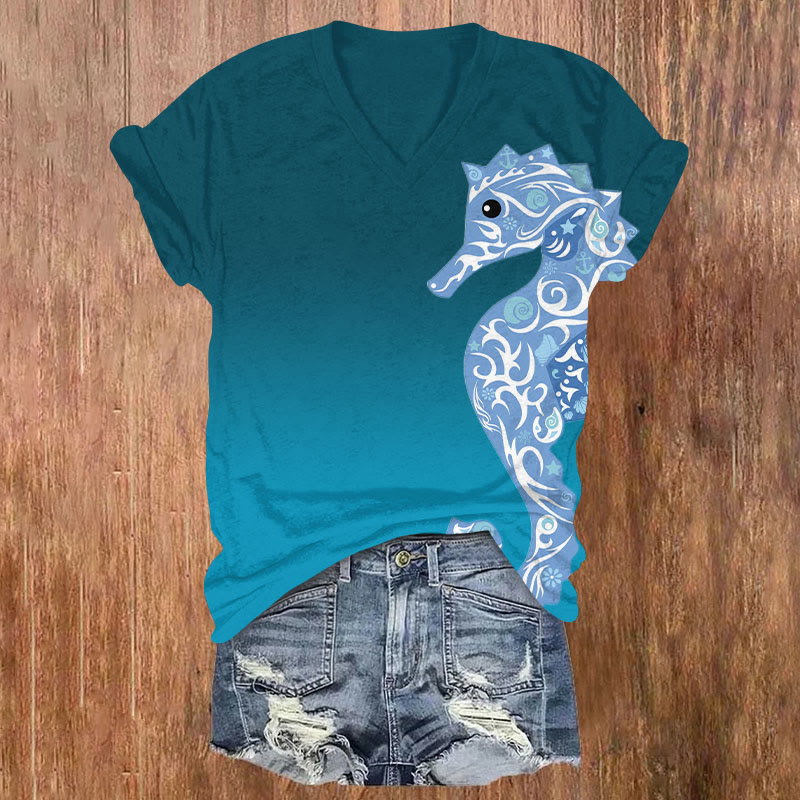 Ombre Simple Color Ethnic Pattern Seahorse Print V-neck T-shirt - Olive Green - US32-34(5XL) - image 3