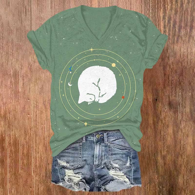 Vintage Planet Sleeping Cat Print V-neck T-shirt - Green - US32-34(5XL) - image 2