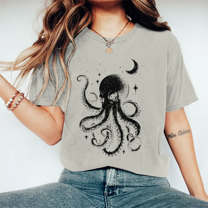 100% Cotton Japanese Watercolor Star & Moon Octopus Art T-shirt - Warm Grey - 2XL - image 8