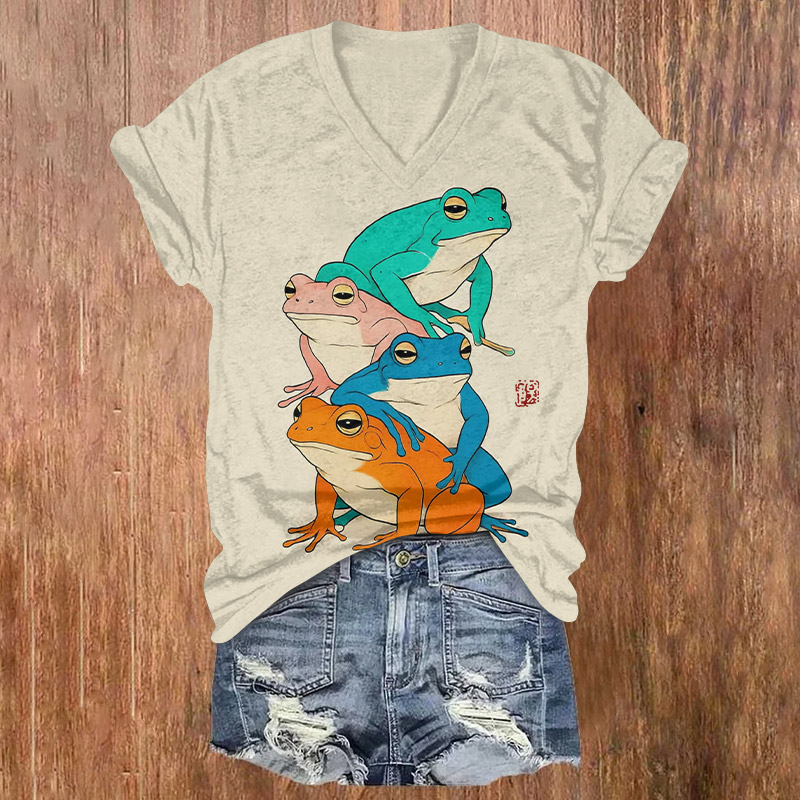 Japanese Vintage Colored Frogs Print Short Sleeved V-neck T-shirt - Beige - US32-34(5XL) - image 1