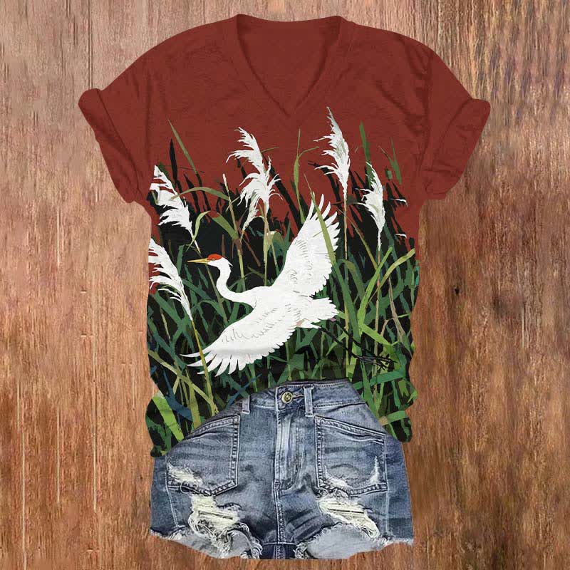 Japanese White Crane Flying Across Reed Marsh Print V-neck T-shirt - Red - US32-34(5XL) - image 3