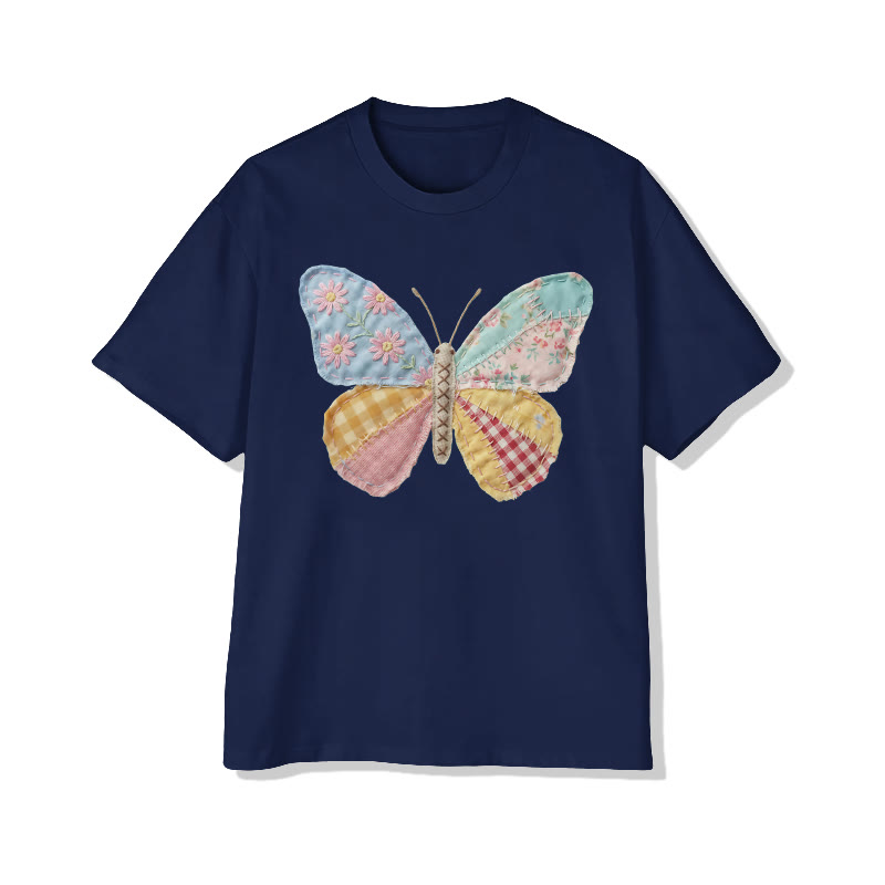  Pastoral Butterfly Floral Pattern Print Pattern Cotton Print T-shirt - Navy Blue - US16-18(2XL) - image 5