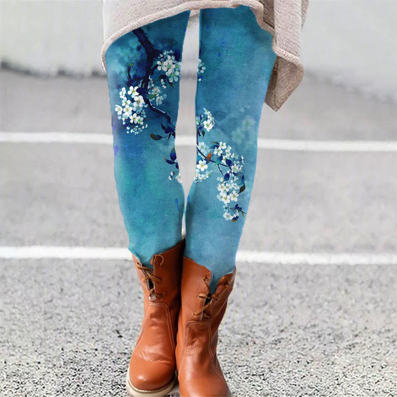 Japanese Antique Pear Blossom Ink Painting Print Leggings - Blue - 5XL - image 2