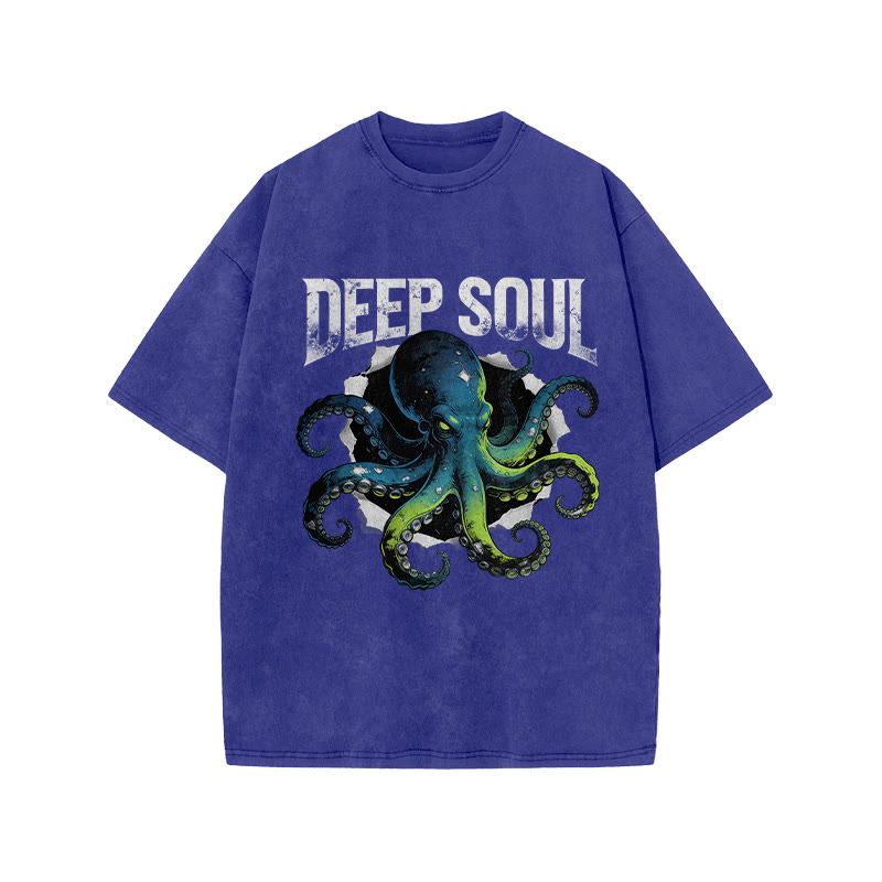 Ombre Octopus Deep Soul Print Acid Washed T-shirt - Blue - US20-22(3XL) - image 8