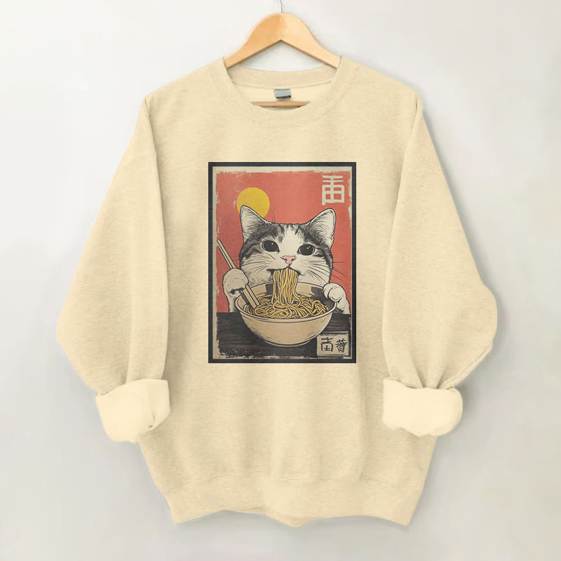 100% Cotton Cat Enjoying Ramen Print Round Neck Casual Fleece Sweatshirt - Apricot - 2XL - image 3
