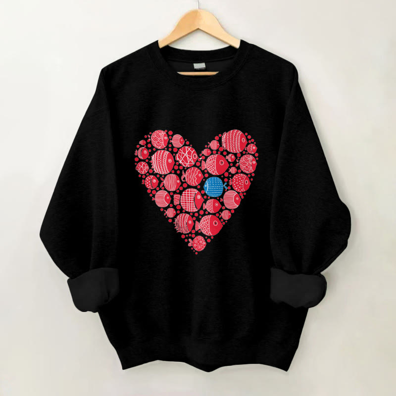 100% Cotton Valentine Fish Hearts Print Crew Neck Sweatshirt - Black - 2XL - image 4