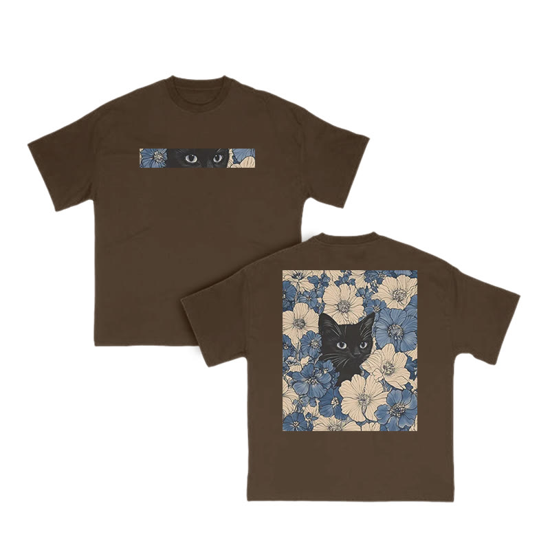 Black Cat In A Patchwork Flower Field Print T-shirt - Coffee - US16-18(2XL) - image 7