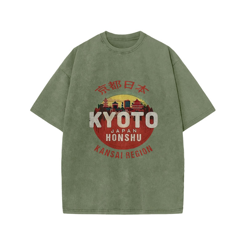 Unisex 100% Cotton Kyoto Japan Honshu Kansai Region Vintage Print Acid Washed T-shirt - Olive Green - 3XL - image 5