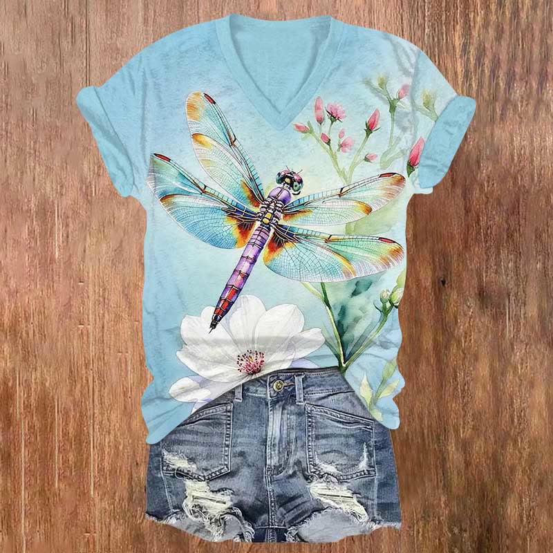 Colorful Dragonfly & Blossom Art Print V-neck T-shirt - Sky Blue - US32-34(5XL) - image 3