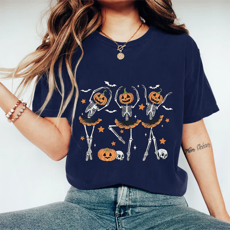 100% Cotton Women's Halloween Creative Dancing Pumpkin Skeleton Art Print Casual T-shirt - Navy Blue - 2XL - image 8