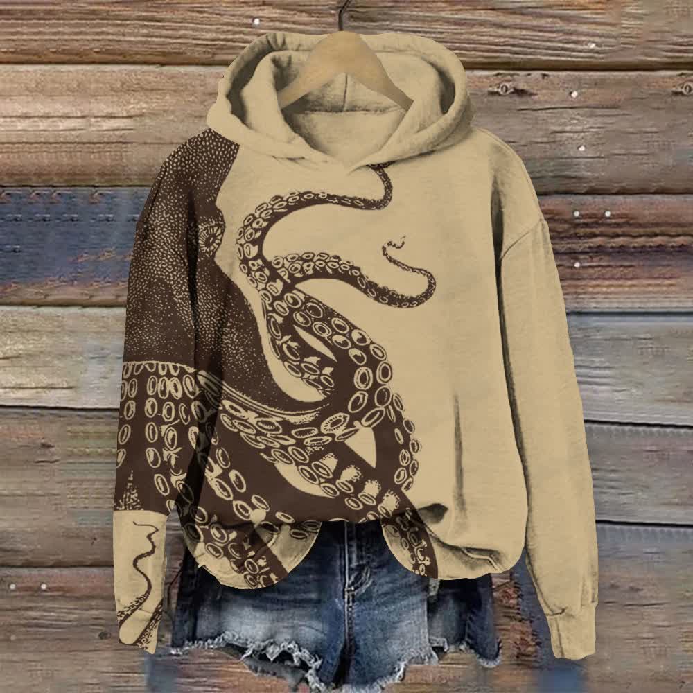 Japanese Art Octopus Graphic Print Casual Long Sleeve Hoodie - Apricot - 8XL - image 4