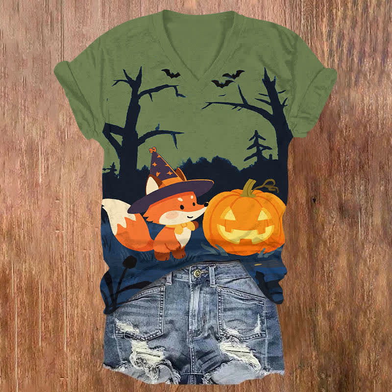 Halloween Night Cute Wizard Fox & Pumpkin Art Print V-neck T-shirt - Green - US32-34(5XL) - image 5
