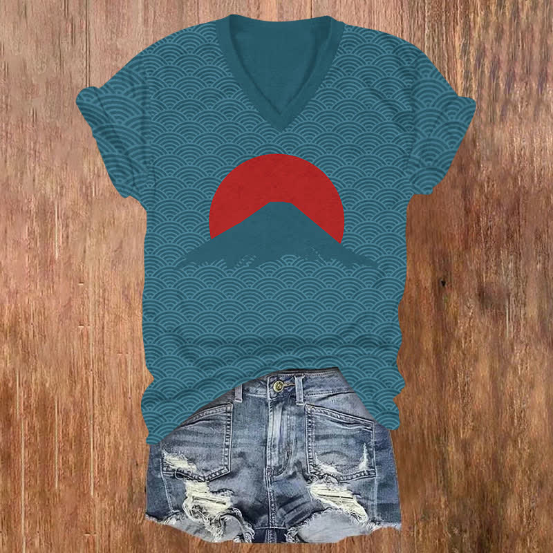 Japanese Sunrise Of Mount Fuji Art Print V-neck T-shirt - Olive Green - US32-34(5XL) - image 5