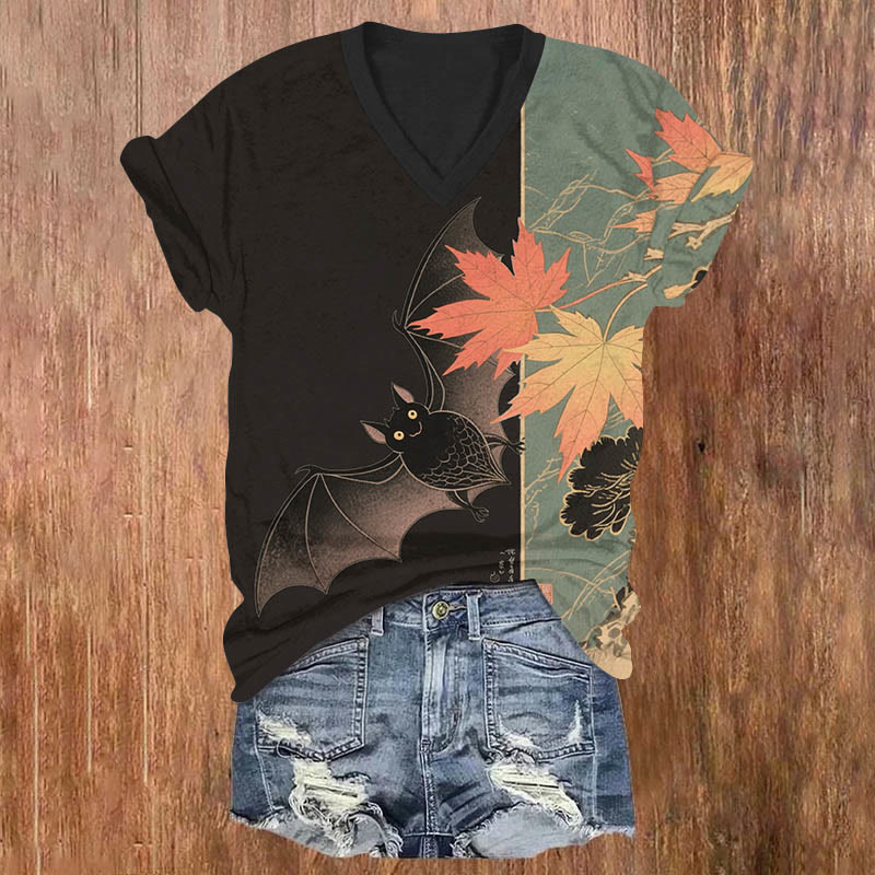 Halloween Cute Bat & Maple Leaf Art Print V-neck T-shirt - Black - US32-34(5XL) - image 3