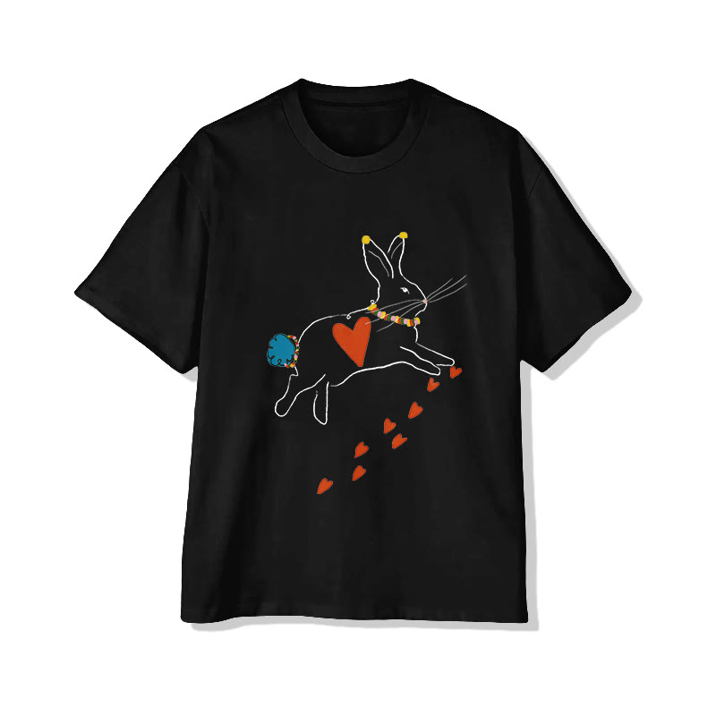 Unisex Valentine's Day Rabbit And Heart Print Short Sleeved Crew Neck T-Shirt - Black - 2XL - image 5