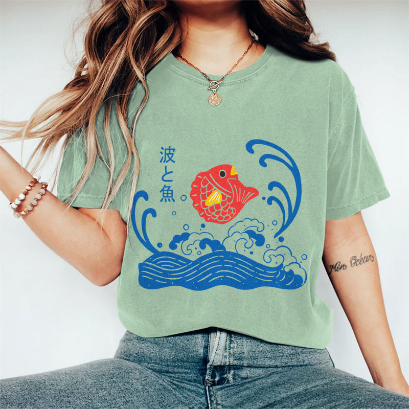 100% Cotton Women's Japanese Lovely Cartoon Koi Art Print Casual T-shirt - Green - 2XL - image 5
