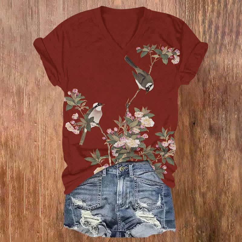 Japanese Vintage Birdsong And Flowers Artprint V-neck T-shirt - Red - US32-34(5XL) - image 3