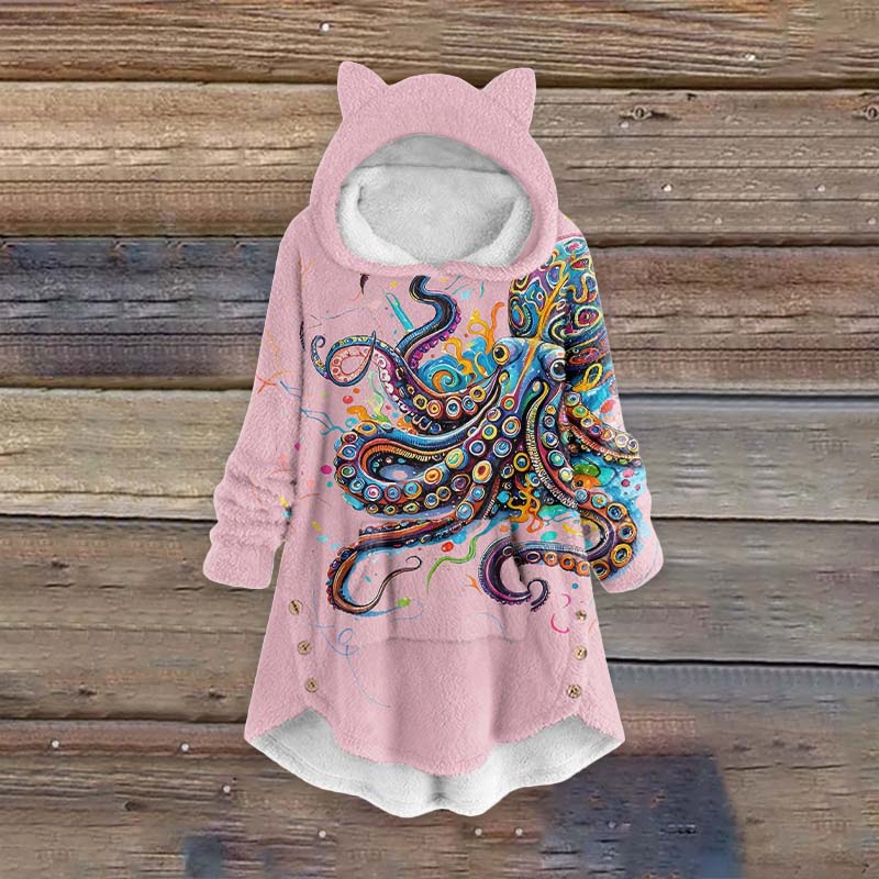 Women's Vintage Rainbow Octopus Art Print Pocket Cute Cat Ear Fuzzy Fleece Hoodie - Pink - 6XL - image 4