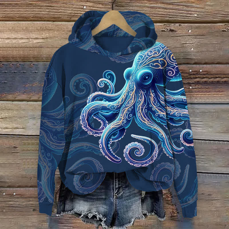 Vintage Wise Ocean Octopus Print Long Sleeve Hoodie - Blue - 8XL - image 3