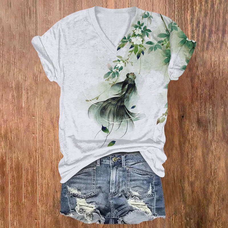 Japanese Floral Koi Art Print T-shirt - White - 5XL - image 1